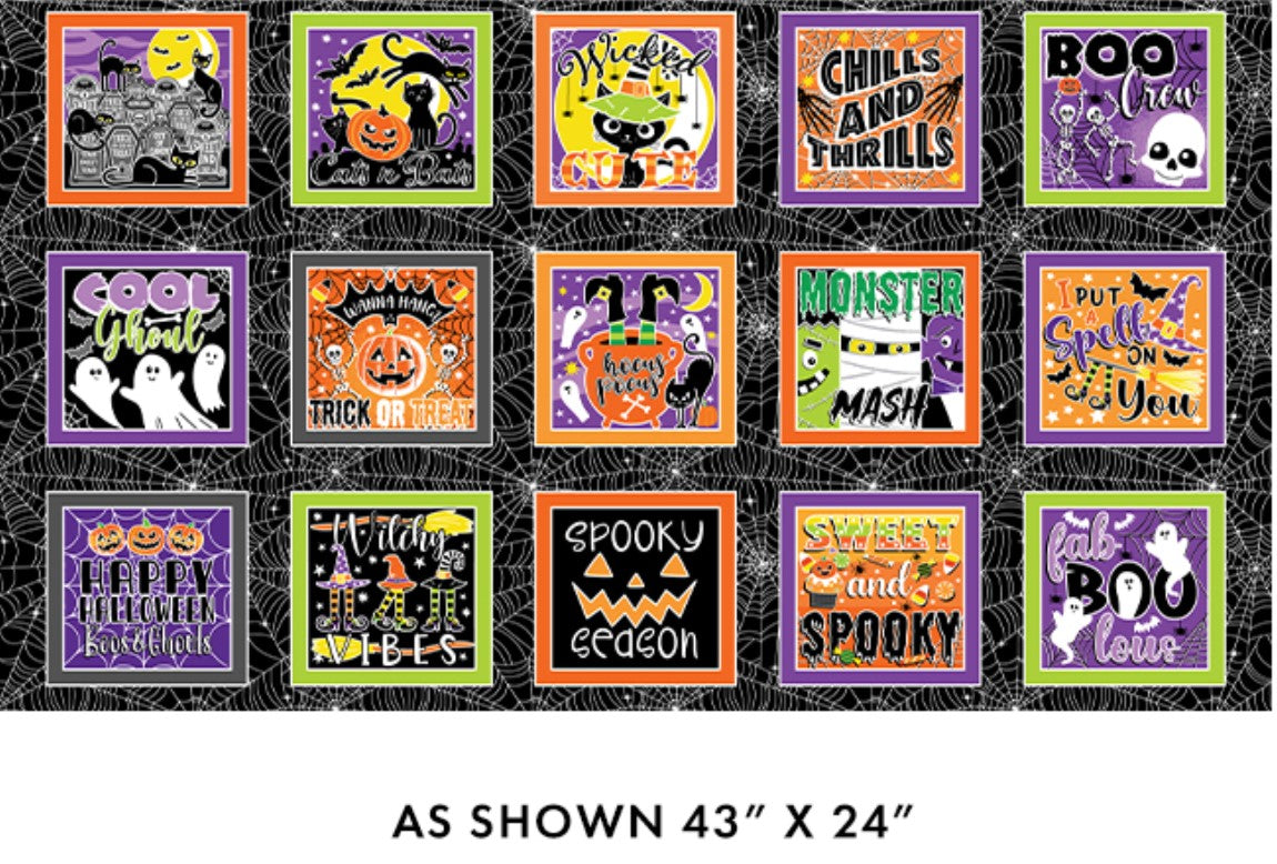 Benartex Halloween Glow in the Dark Boxes on Black 100% Cotton Price per Panel