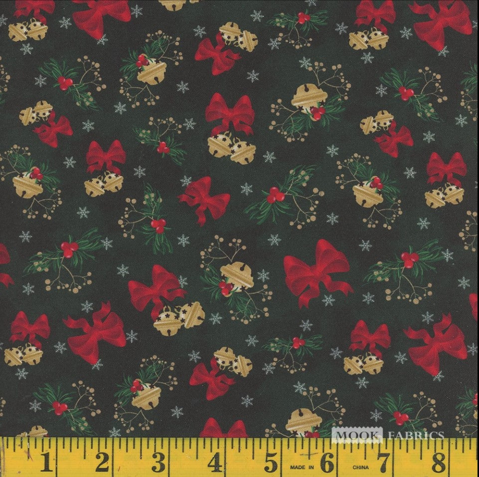 Christmas Deck The Halls Jingle Bells on Green Forest 100% Cotton Price per yard