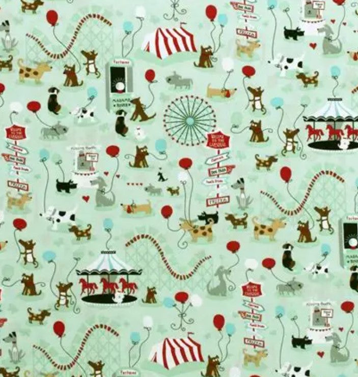 Foust Textiles Dogs at Fair on Mint Green 100% Cotton Price per Yard Novelty
