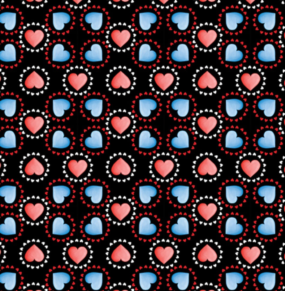 Benartex Patriotic Circle Hearts Red Blue Black 100% Cotton Price per Yard Valentine