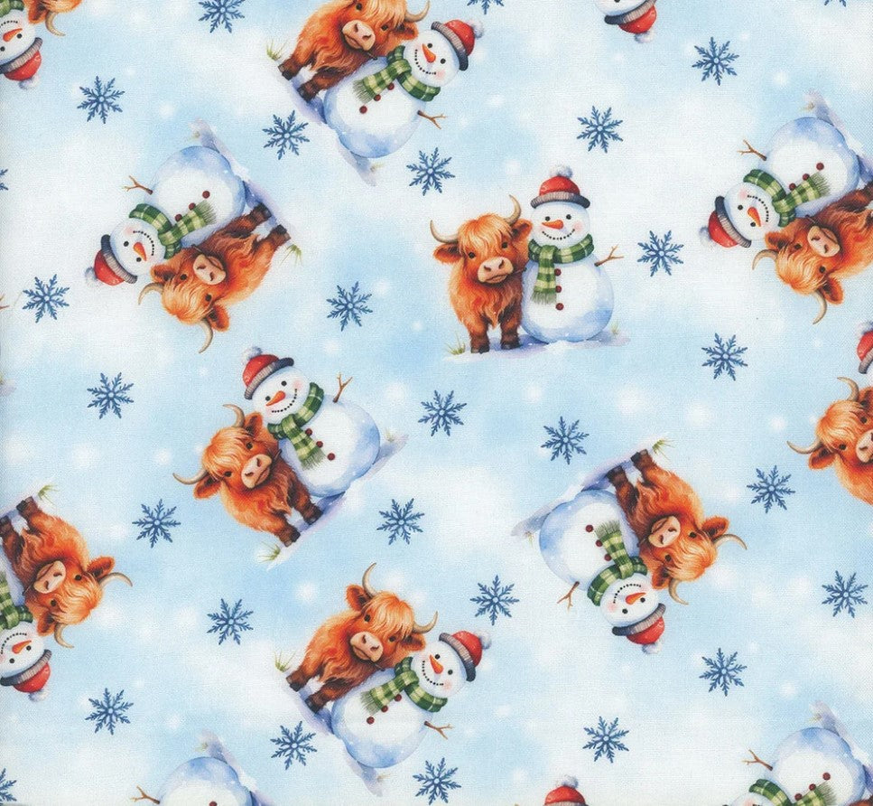 Christmas Snowmen and Baby Highland Cows on Blue 100% Cotton Price per Yard