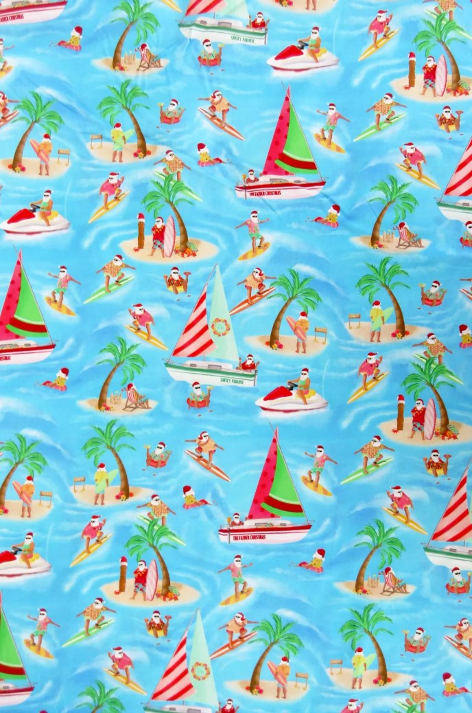 Christmas Santa at Sea on Blue 100% Cotton Price per Yard