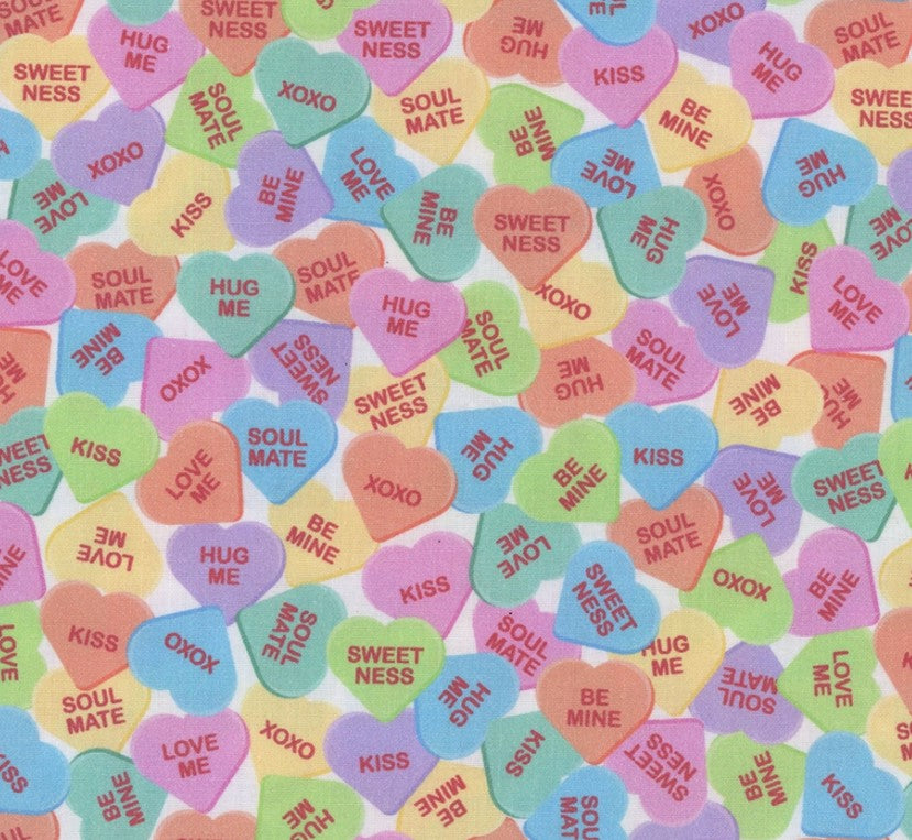 Valentine Candy Hearts on Cream 100% Cotton Price per Yard