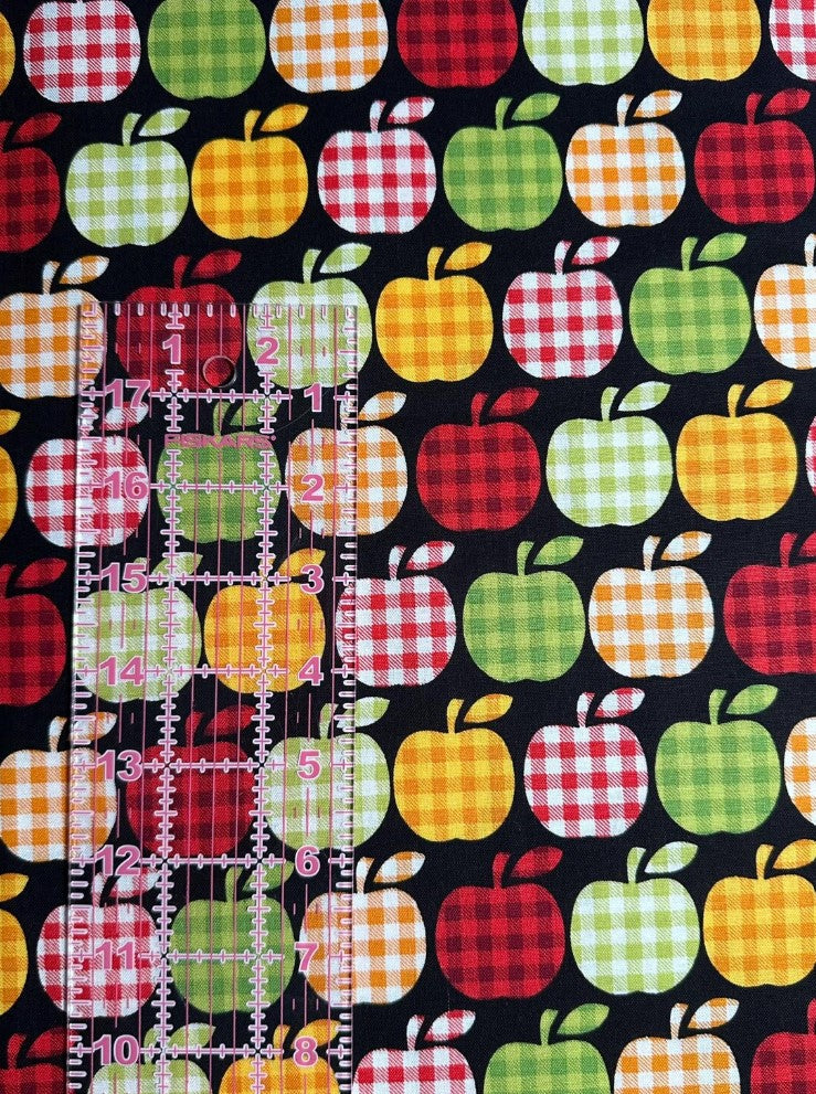 Thanksgiving Plaid Apples on Black 100% Cotton Price per Yard