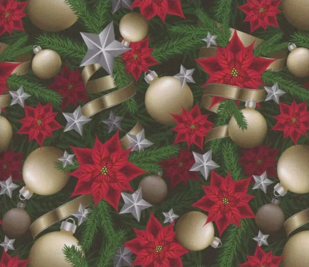 Christmas-themed pattern with red poinsettias, gold ornaments, and green leaves on a green background.