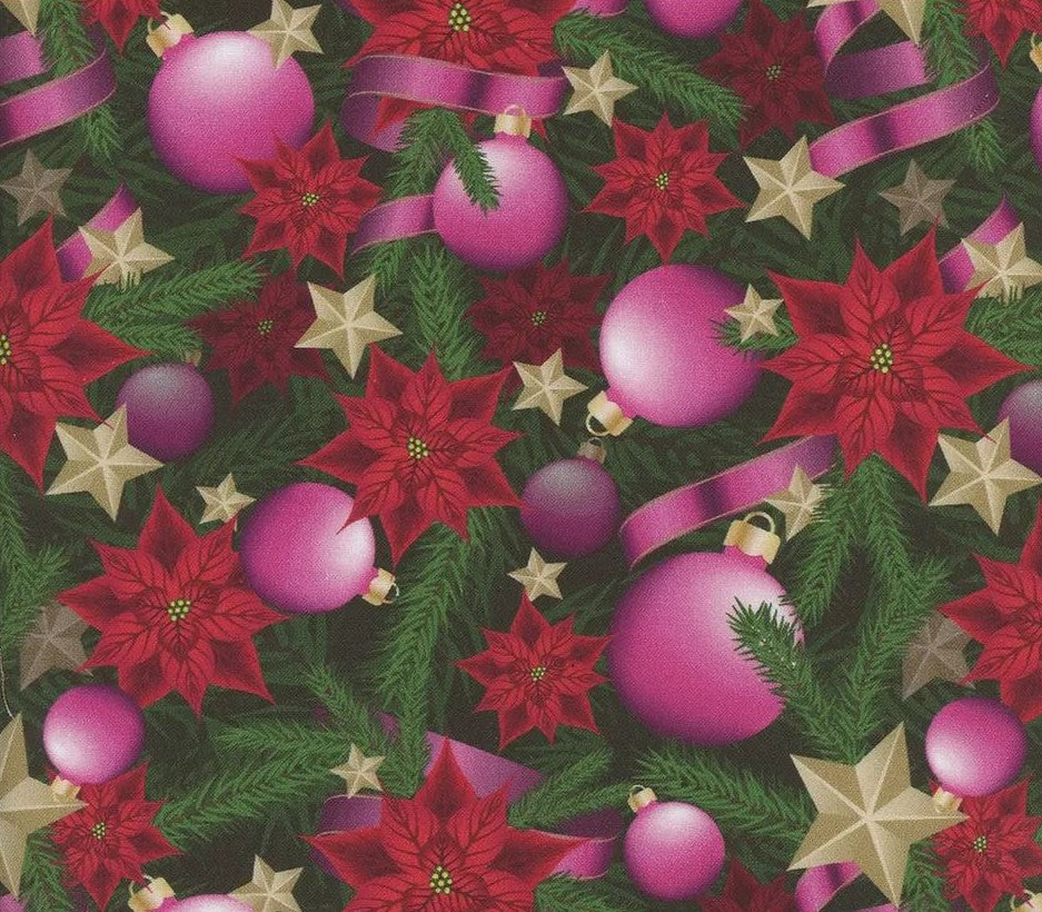 Christmas-themed pattern with pink ornaments, red poinsettias, and gold stars on a green background.