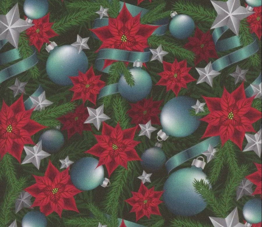 Mook Fabrics Christmas Teal Ornaments and Ribbons Poinsettias 100% Cotton Fabric By the yard