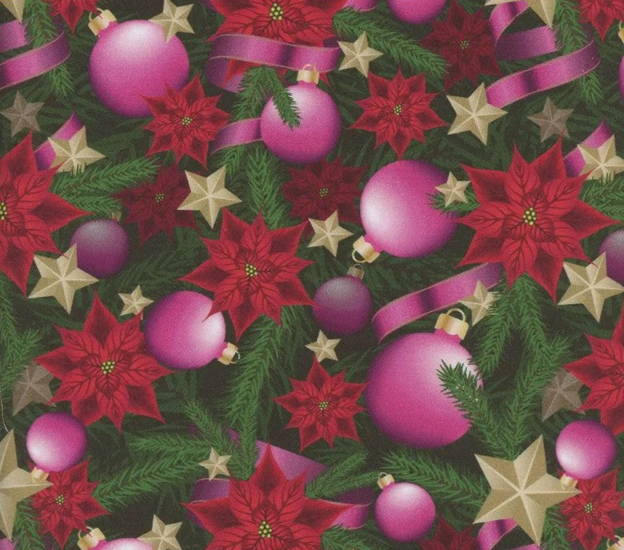 Mook Fabrics Christmas Pink Ornaments and Ribbons Poinsettias 100% Cotton Fabric By the yard