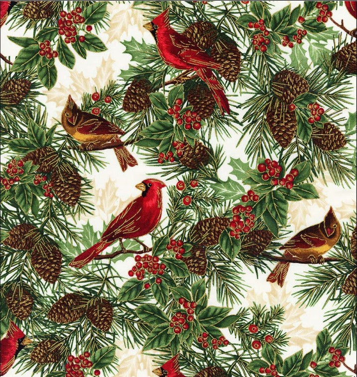 Timeless Treasures Christmas Cardinals Pinecones on Cream Metallic 100% Cotton Price per Yard