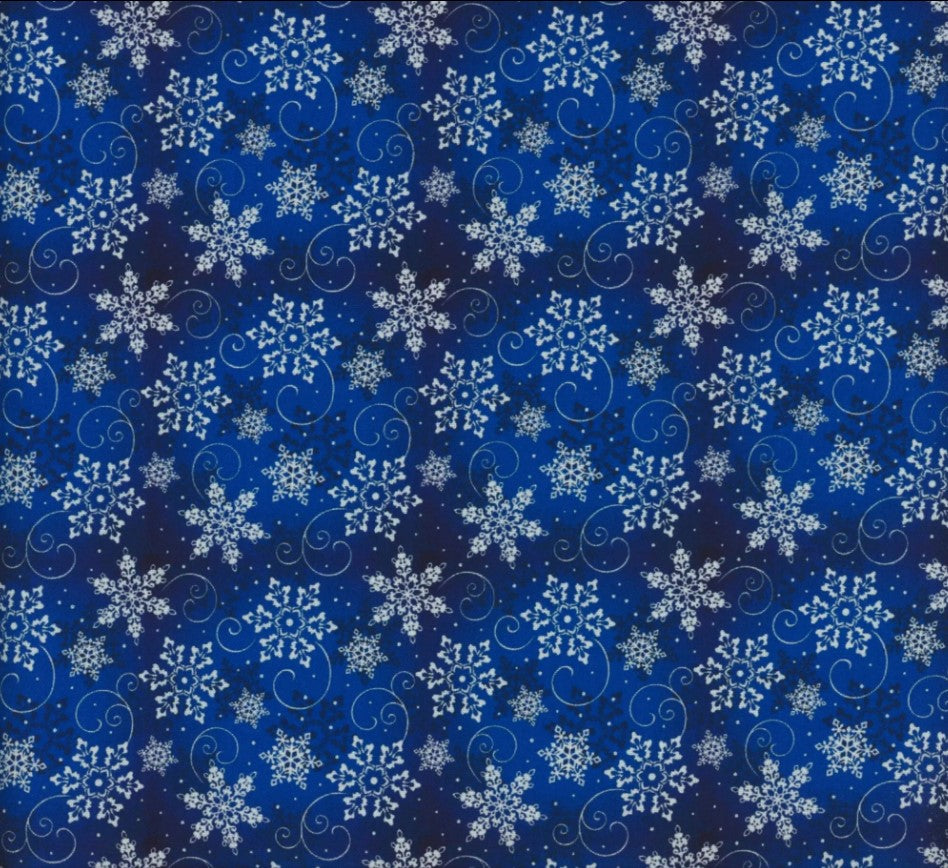 Mook Fabrics Christmas Snowflakes on Blended Blue 100% Cotton Fabric Price per yard