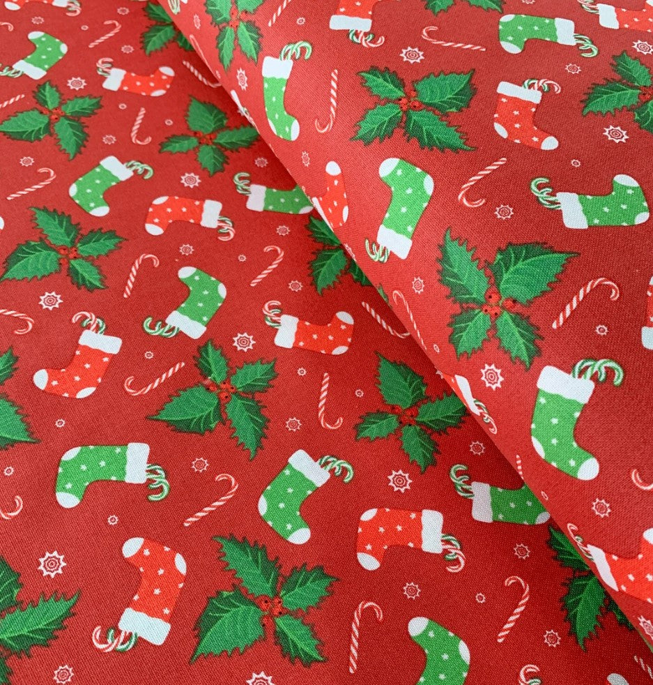 Christmas Red and Green Stockings and Candy Canes on Red 100% Cotton Fabric By the Yard
