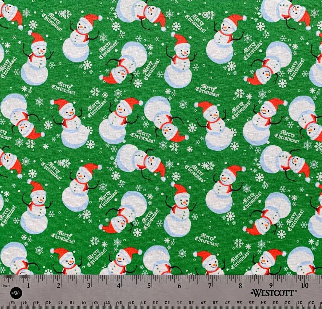 Christmas Merry Christmas Snowmen on Green 100% Cotton