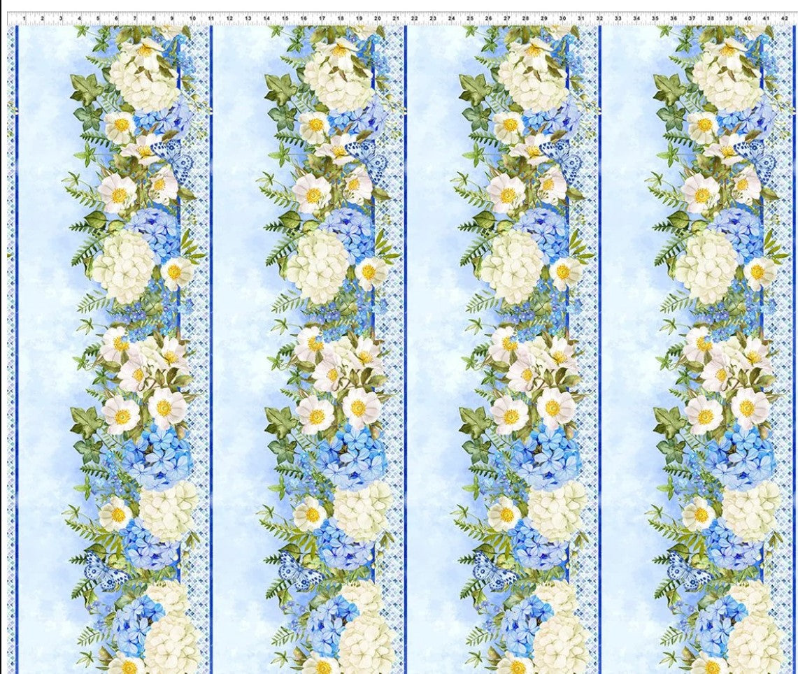 In the Beginnings Periwinkle Spring Border Print 100% Cotton By the Yard Floral