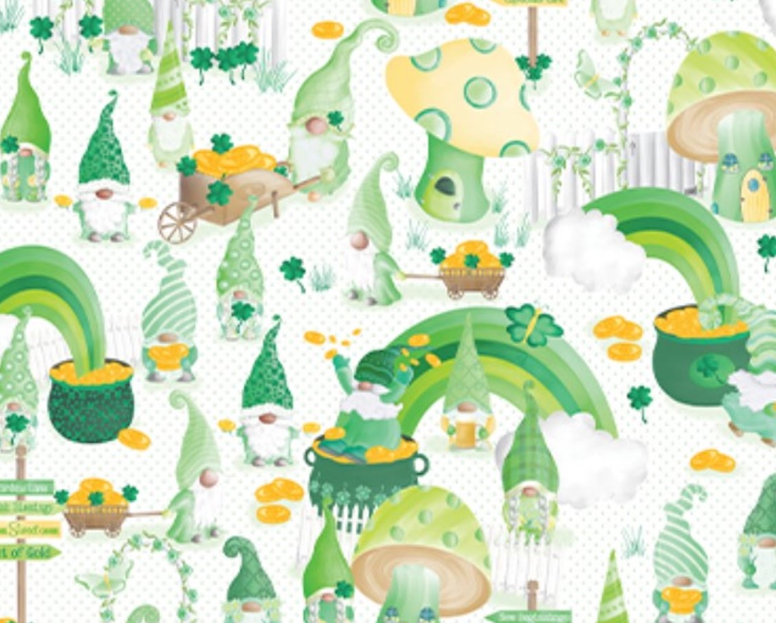 Benartex St Patricks Lucky Gnome Scenic White Green 100% Cotton Price per Yard