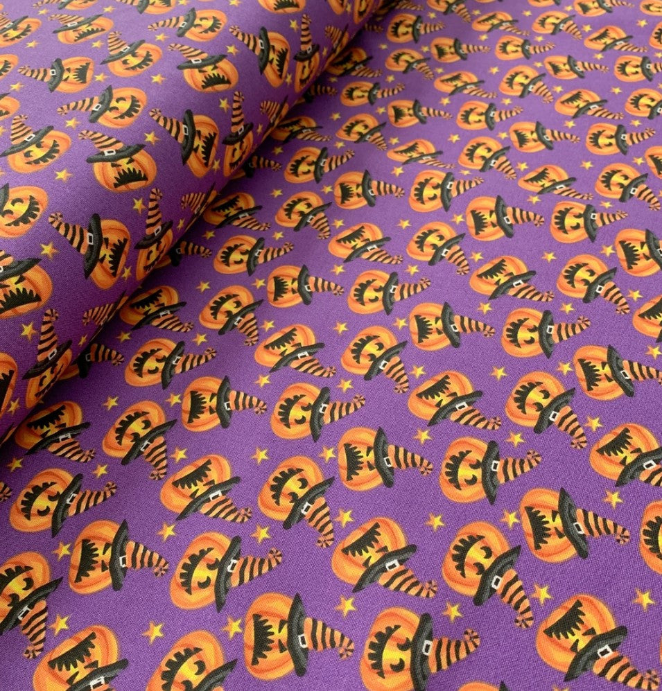 Halloween Mischievous Pumpkins on Purple 100% Cotton Price per Yard