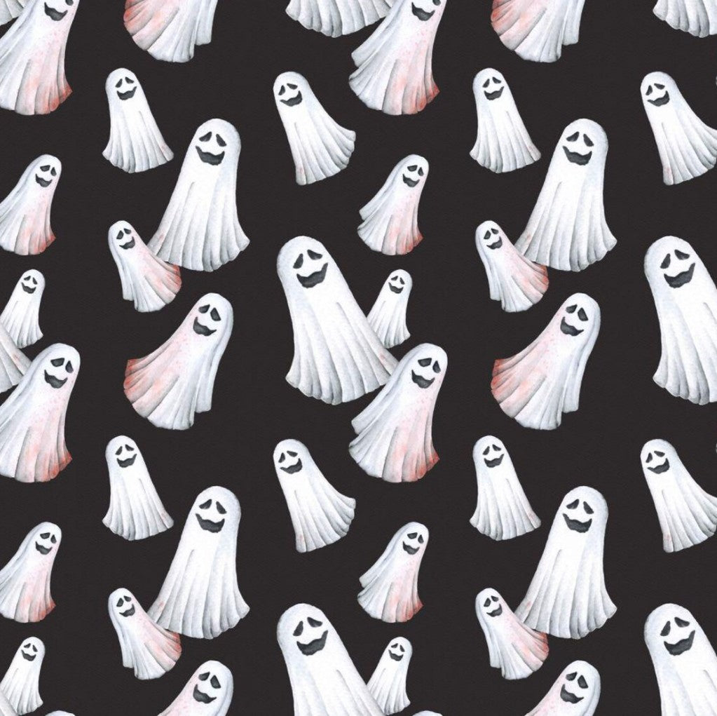 Halloween Spooky Smiling Ghosts on Black 100% Cotton Fabric