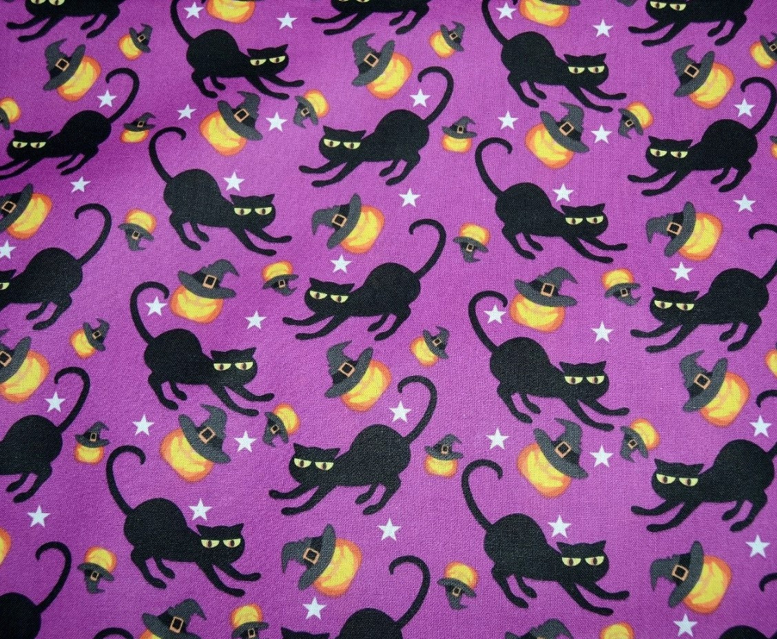 Halloween Spooky Black Cats and Tossed Pumpkins on Purple 100% Cotton Fabric