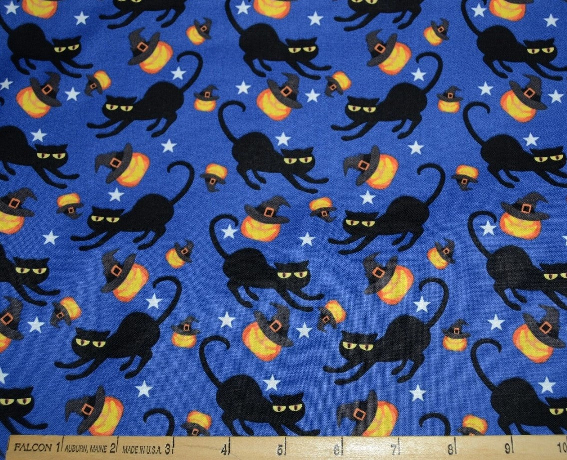 Halloween Spooky Black Cats and Tossed Pumpkins on Blue 100% Cotton Fabric