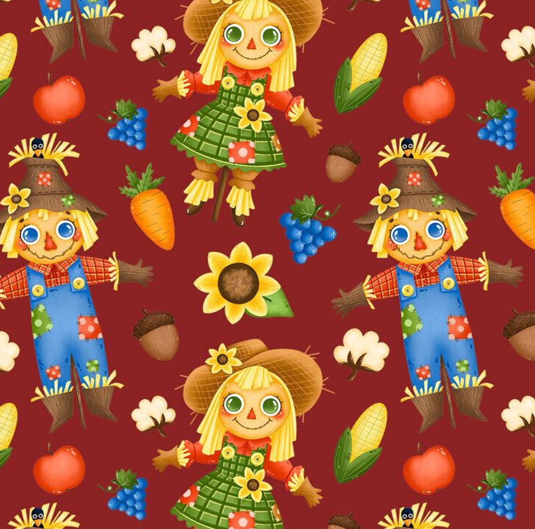 Thanksgiving Scarecrows Fall Friends on Burgundy 100% Cotton Fabric