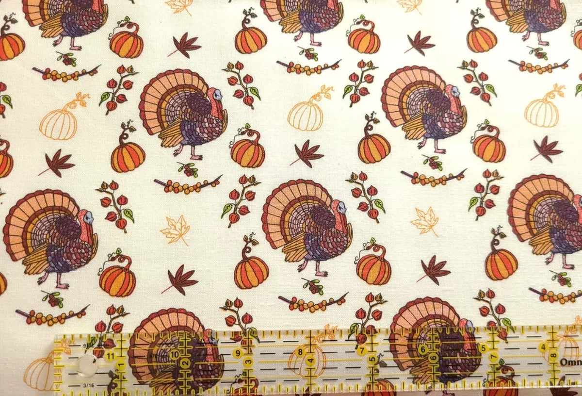 Fall Autumn Thanksgiving Turkey and Pumpkins on Cream 100% Cotton