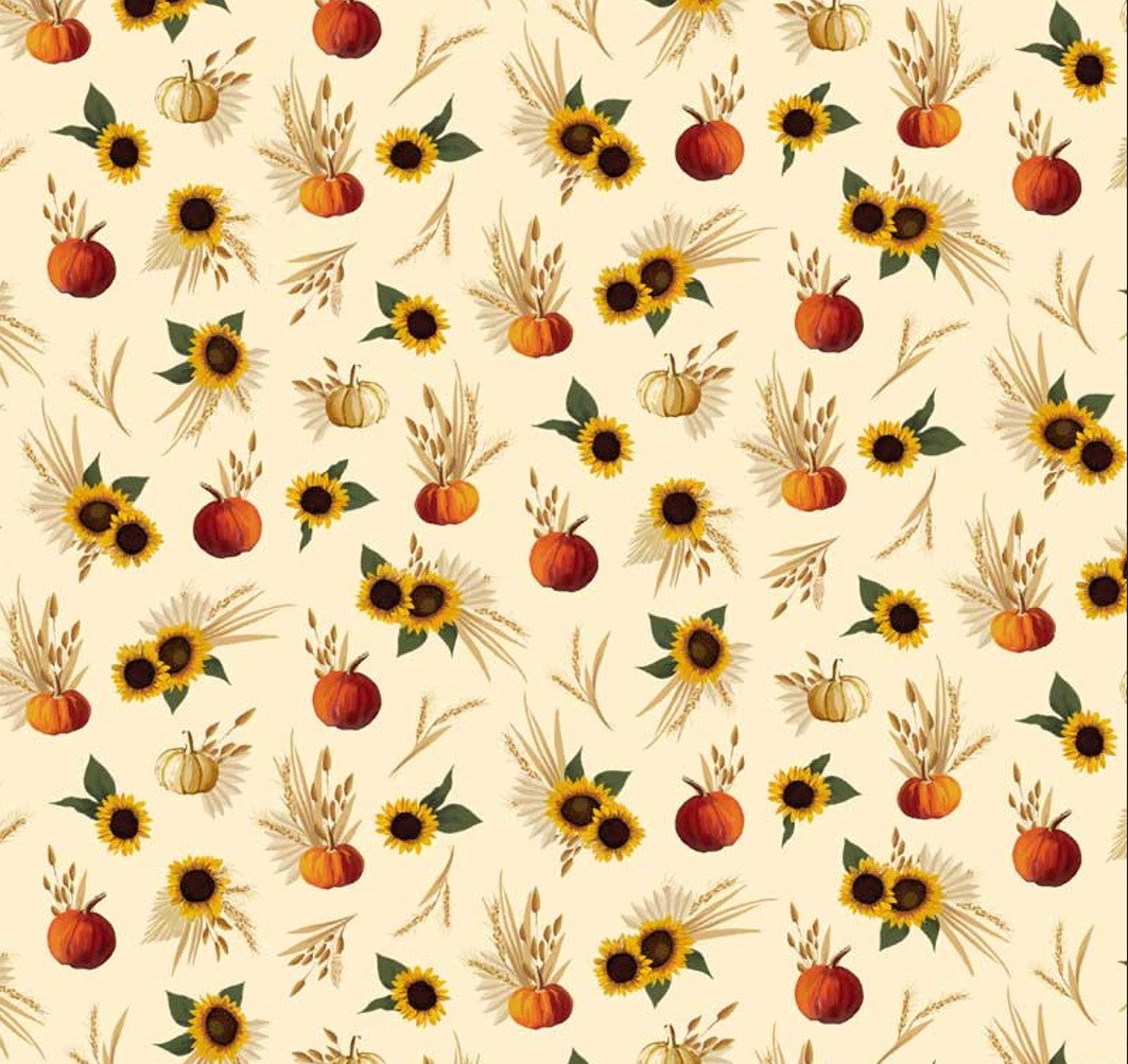 Thanksgiving Harvest Minis Sunflowers and Pumpkins on Cream 100% Cotton