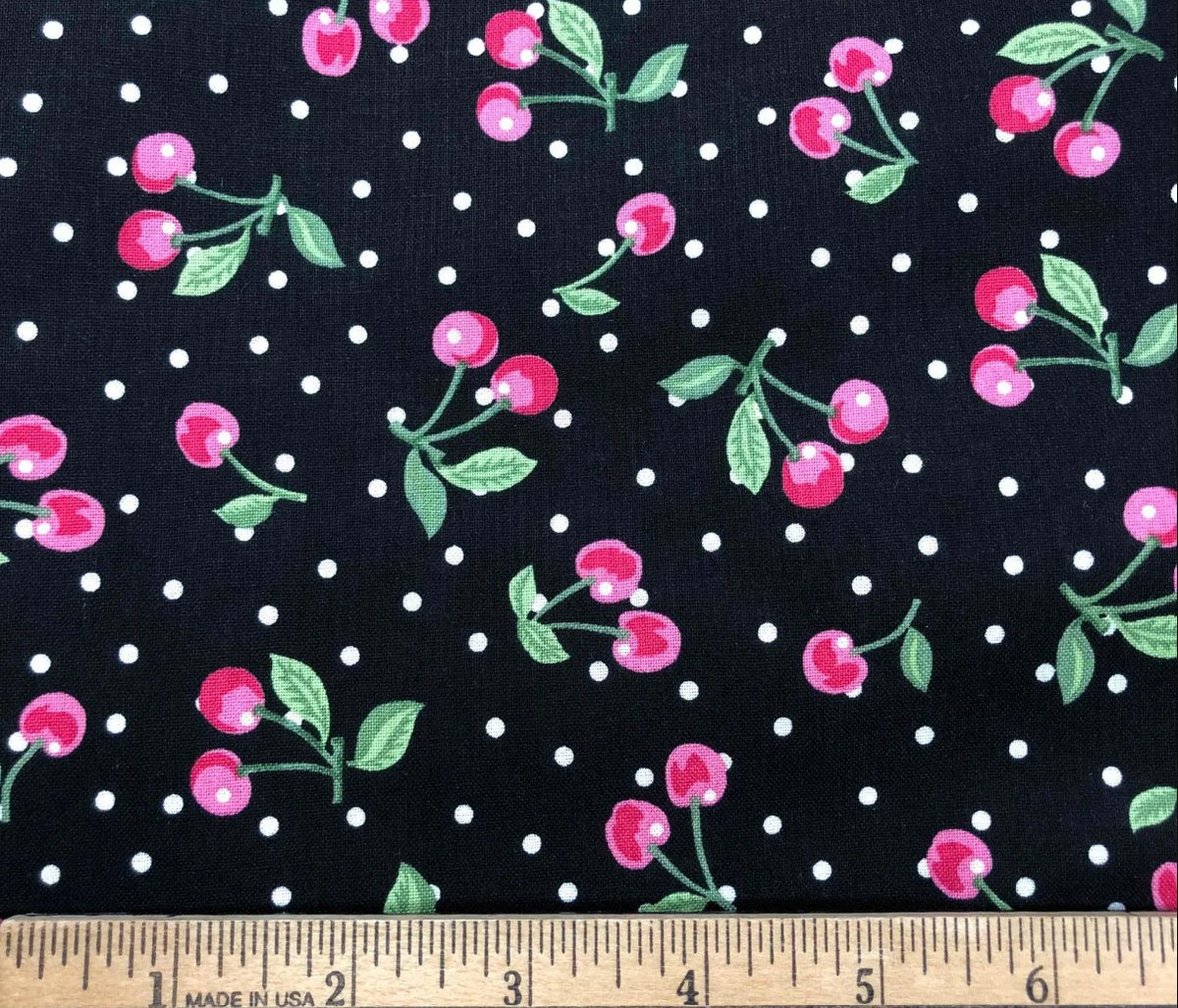 Novelty Cherries and Polka Dots on Black 100% Cotton