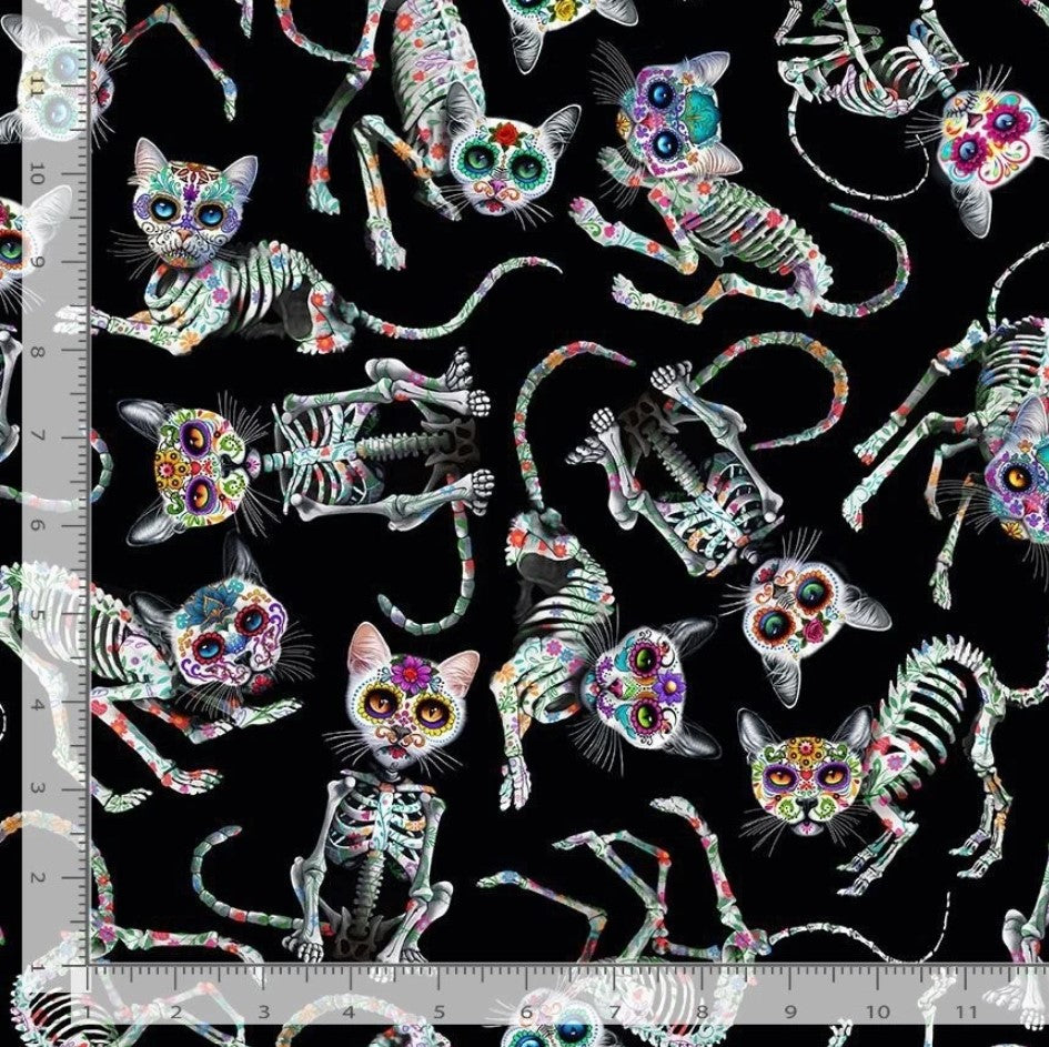 Halloween Day of the Dead Tossed Skeleton Cats Black