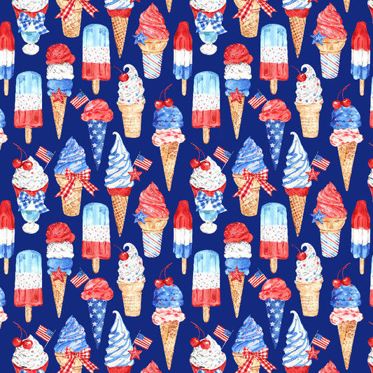 Timeless Treasures Patriotic Ice Cream on Blue 100% Cotton Fabric Price per Yard