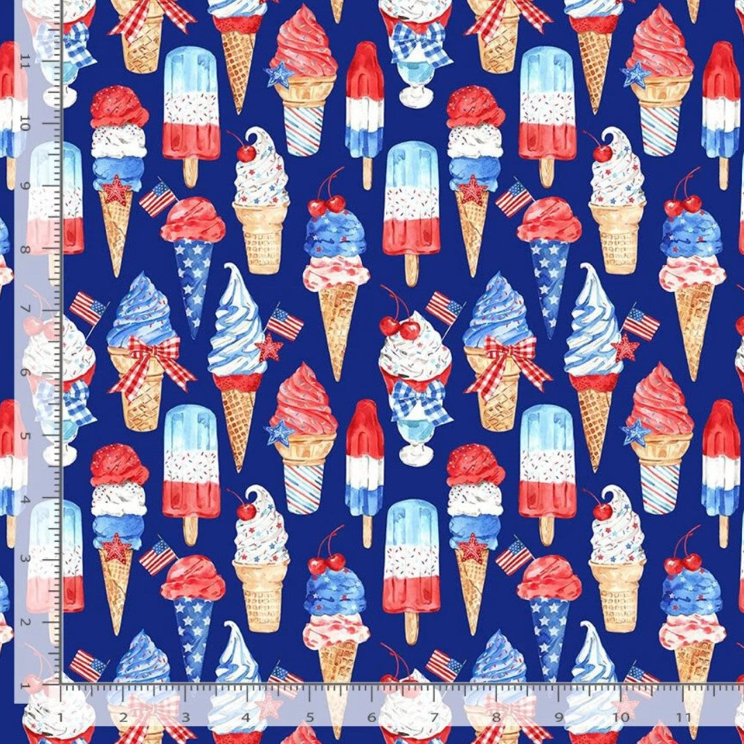 Timeless Treasures Patriotic Ice Cream on Blue 100% Cotton Fabric Price per Yard