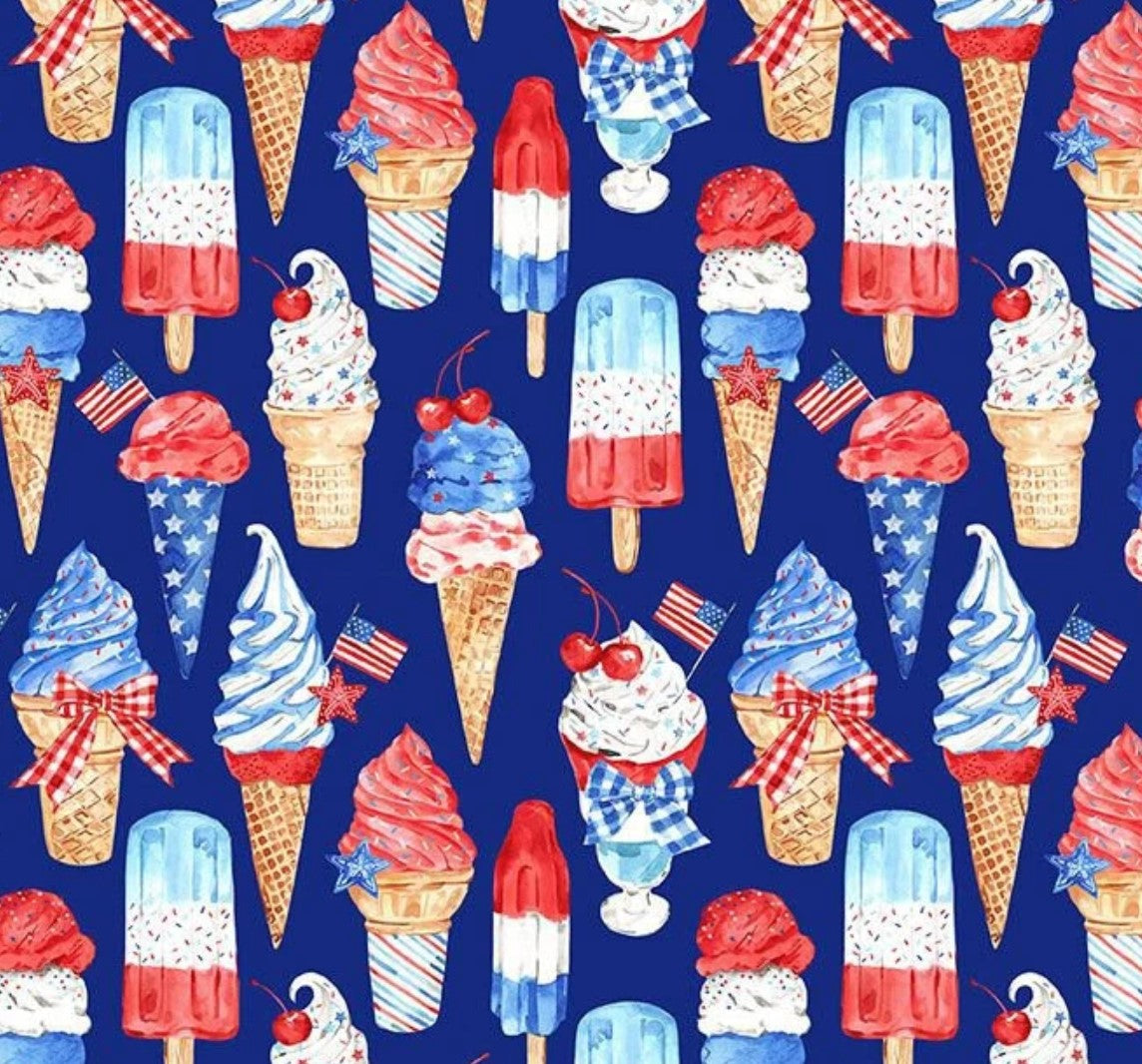 Timeless Treasures Patriotic Ice Cream on Blue 100% Cotton Fabric Price per Yard