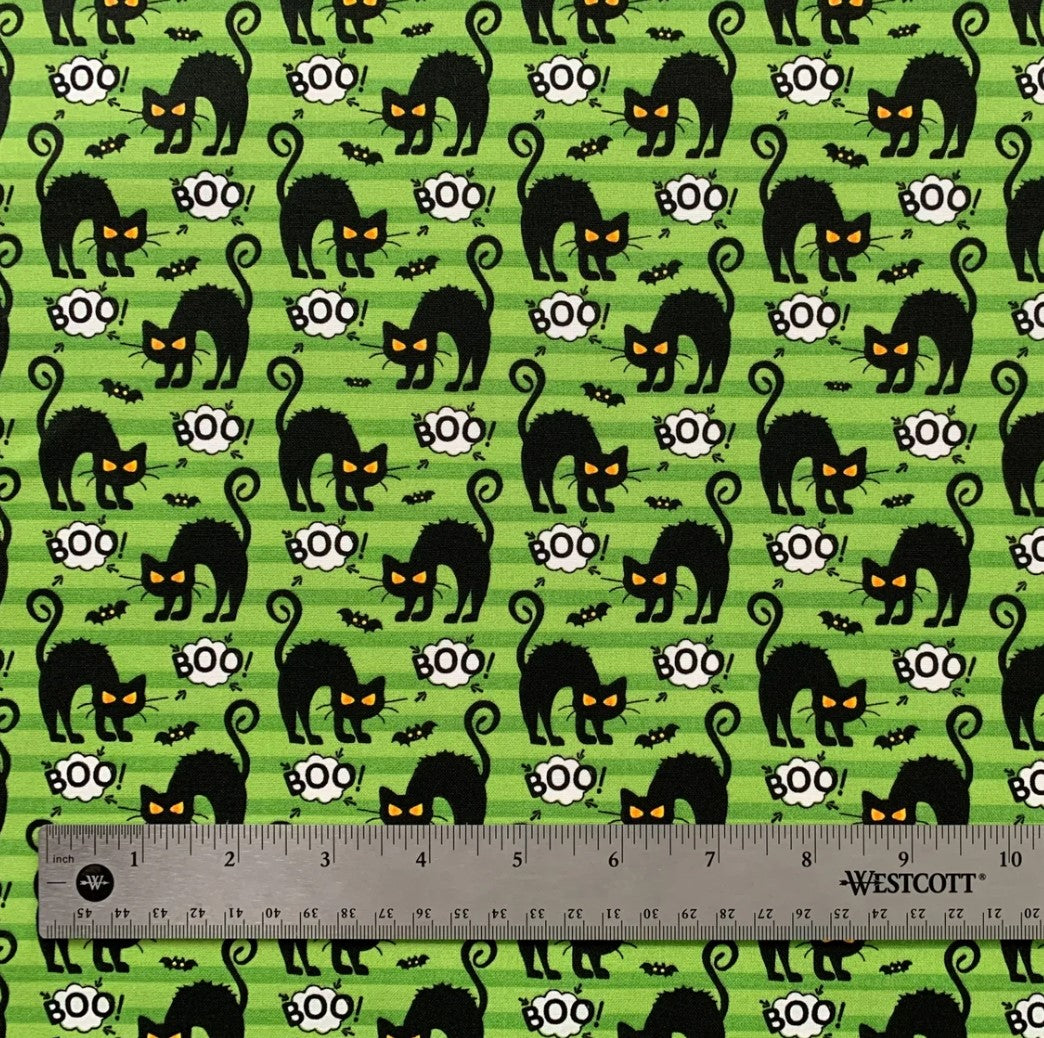 Halloween Black Cats BOO and Bats on Striped Green 100% Cotton Fabric