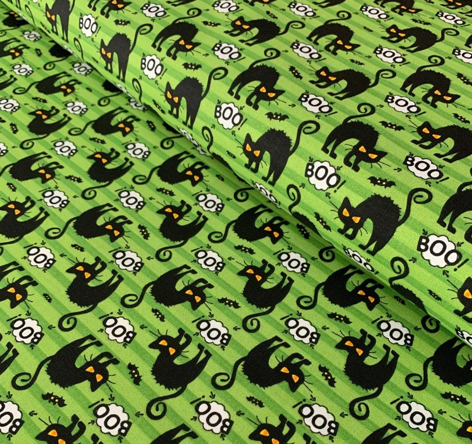 Halloween Black Cats BOO and Bats on Striped Green 100% Cotton Fabric