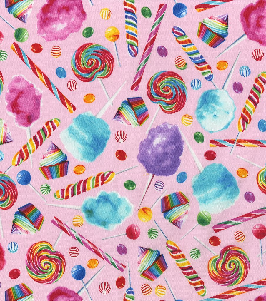 Hi-Fashion Candy Suckers Cupcakes Party on Pink 100% Cotton Fabric Price per Yard
