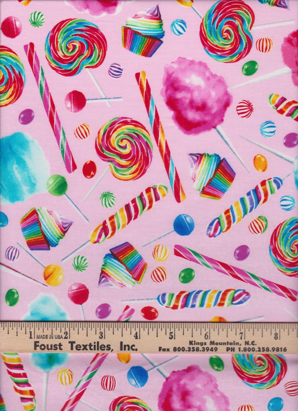 Hi-Fashion Candy Suckers Cupcakes Party on Pink 100% Cotton Fabric Price per Yard