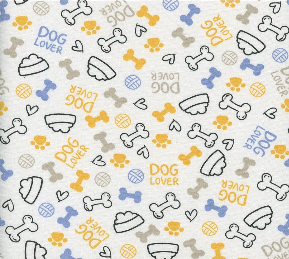 Dog Lover Dishes Hearts Paws and Bones Camel 100% Cotton Fabric