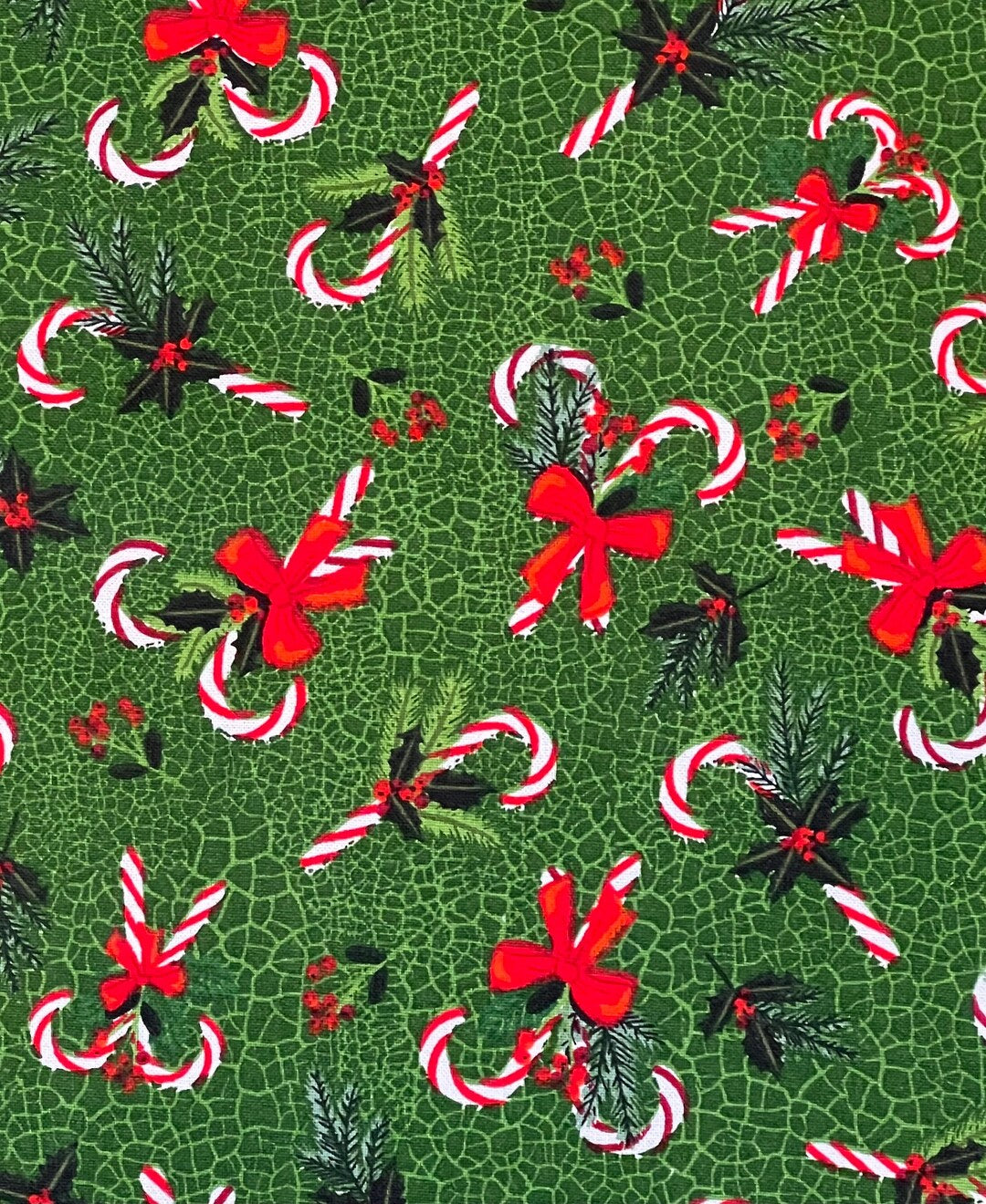 Christmas Candy Canes on Crackled Green 100% Cotton Price per Yard