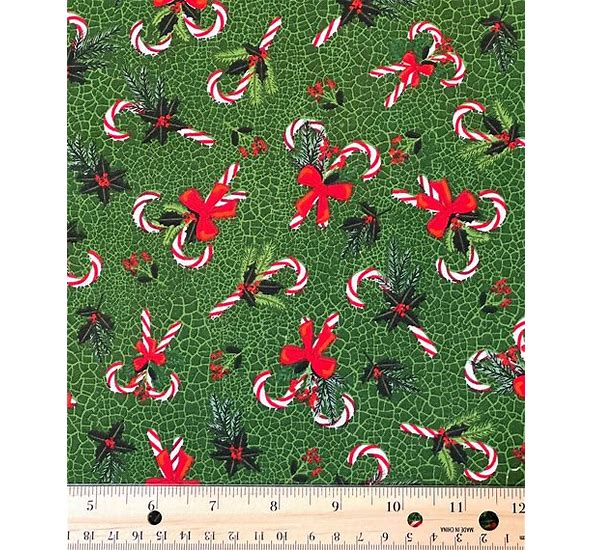 Christmas Candy Canes on Crackled Green 100% Cotton Price per Yard