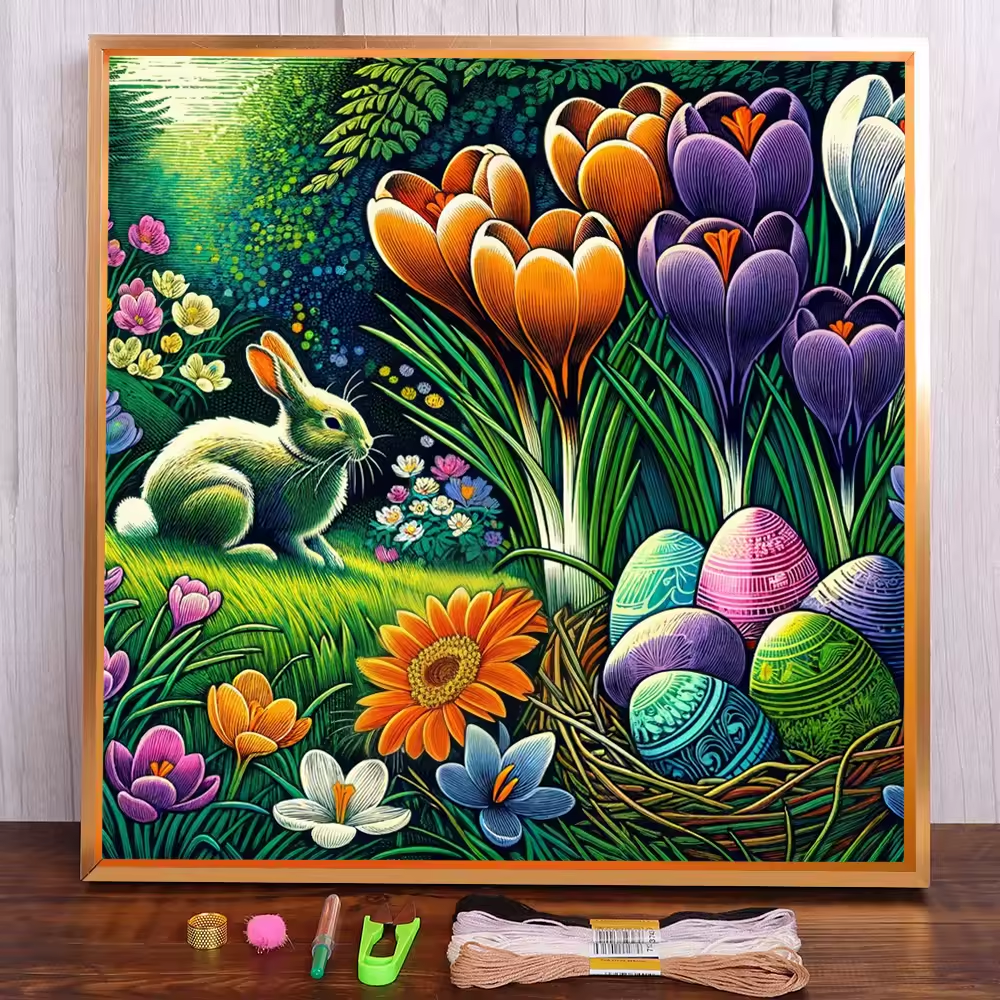 Embroidery Cross Stitch Kit Pre-printed Easter Bunny Rabbit 8 in x 8 in 14 CT