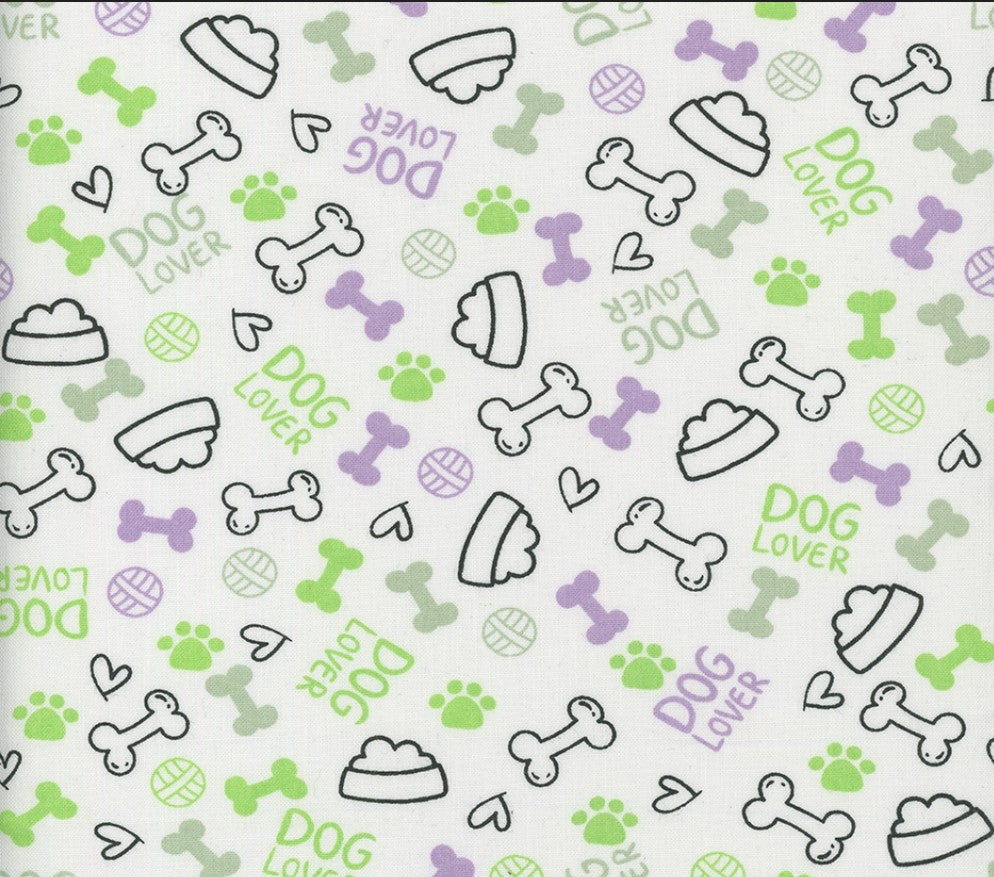 Dog Lover Dishes Hearts Paws and Bones Green 100% Cotton Fabric