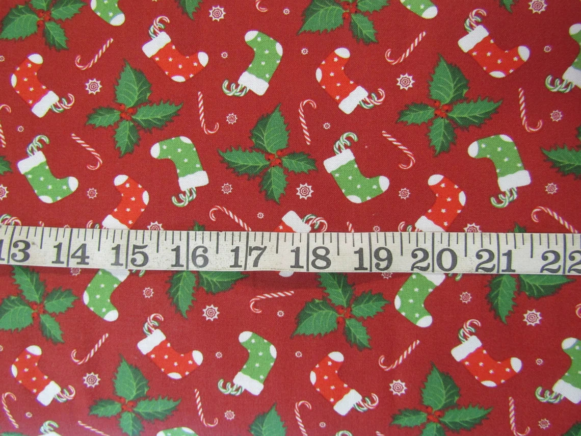Christmas Red and Green Stockings and Candy Canes on Red 100% Cotton Fabric By the Yard
