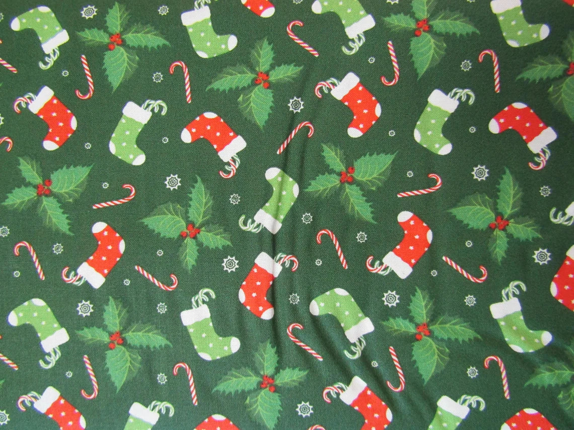 Christmas Red and Green Stockings and Candy Canes on Green 100% Cotton Fabric By the Yard