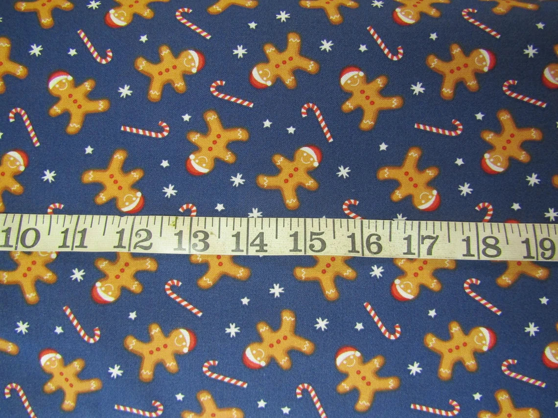 Christmas Gingerbread and Candy Canes on Blue 100% Cotton Fabric By the Yard