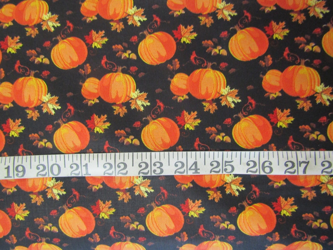 Fall Autumn Thanksgiving Fabric Pumpkins and Leaves on Black by the yard
