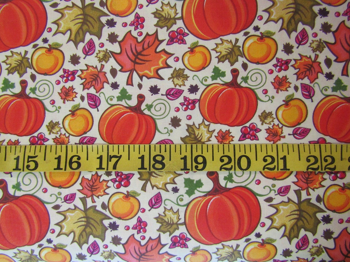 Fall Autumn Thanksgiving Pumpkins and Leaves on Cream 100% Cotton Fabric