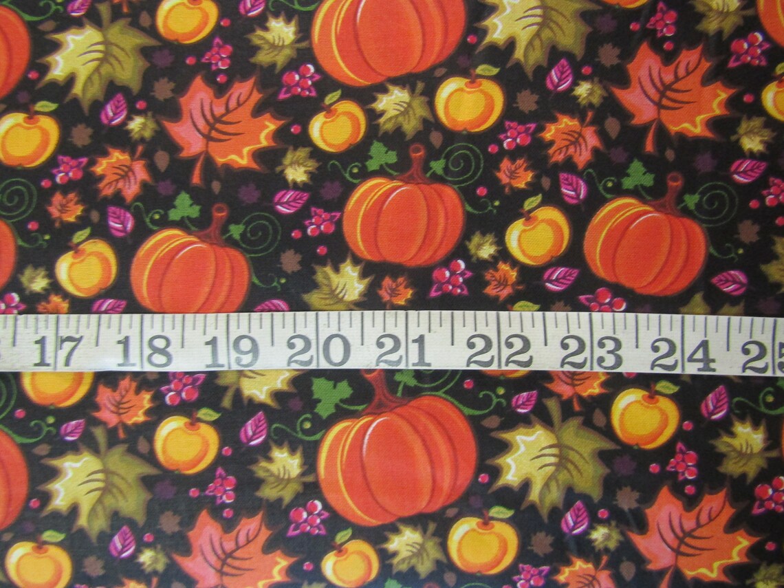 Fall Autumn Thanksgiving Pumpkins and Leaves on Black 100% Cotton Fabric