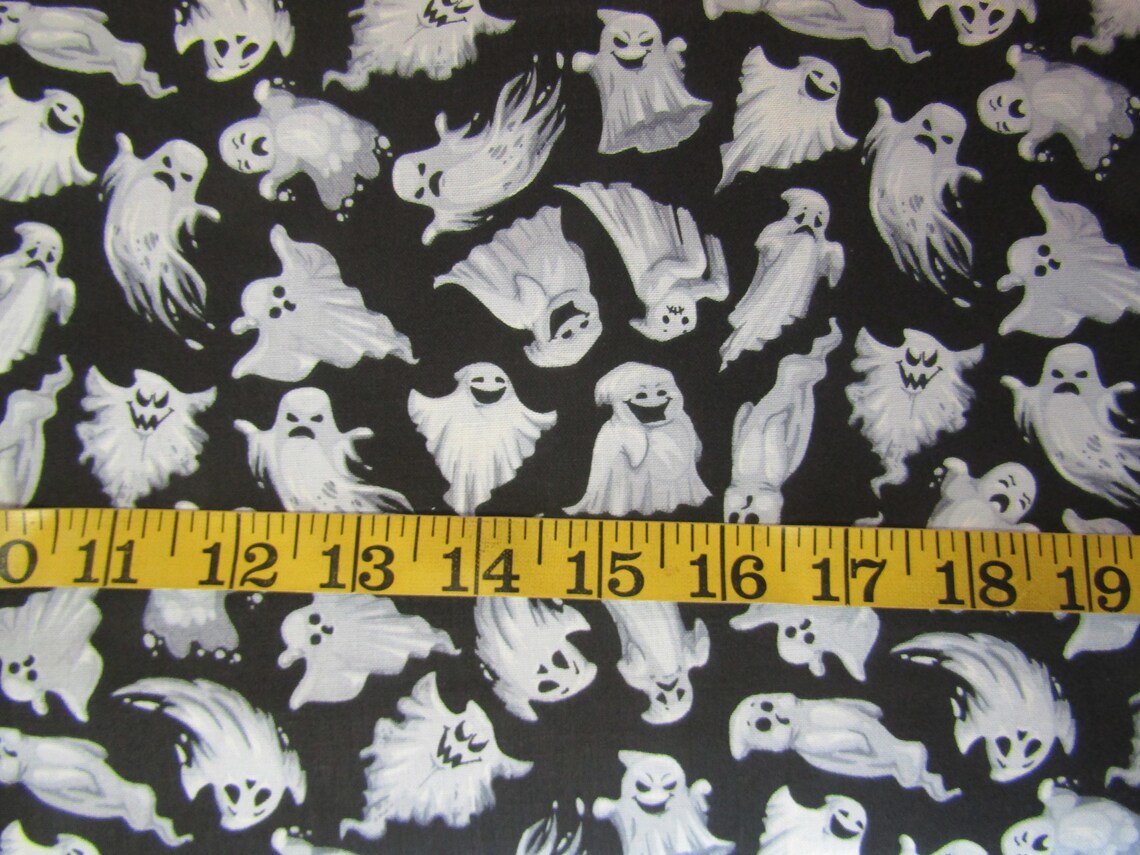 Halloween Spooky Flying Ghosts on Black 100% Cotton Fabric Price Per Yard
