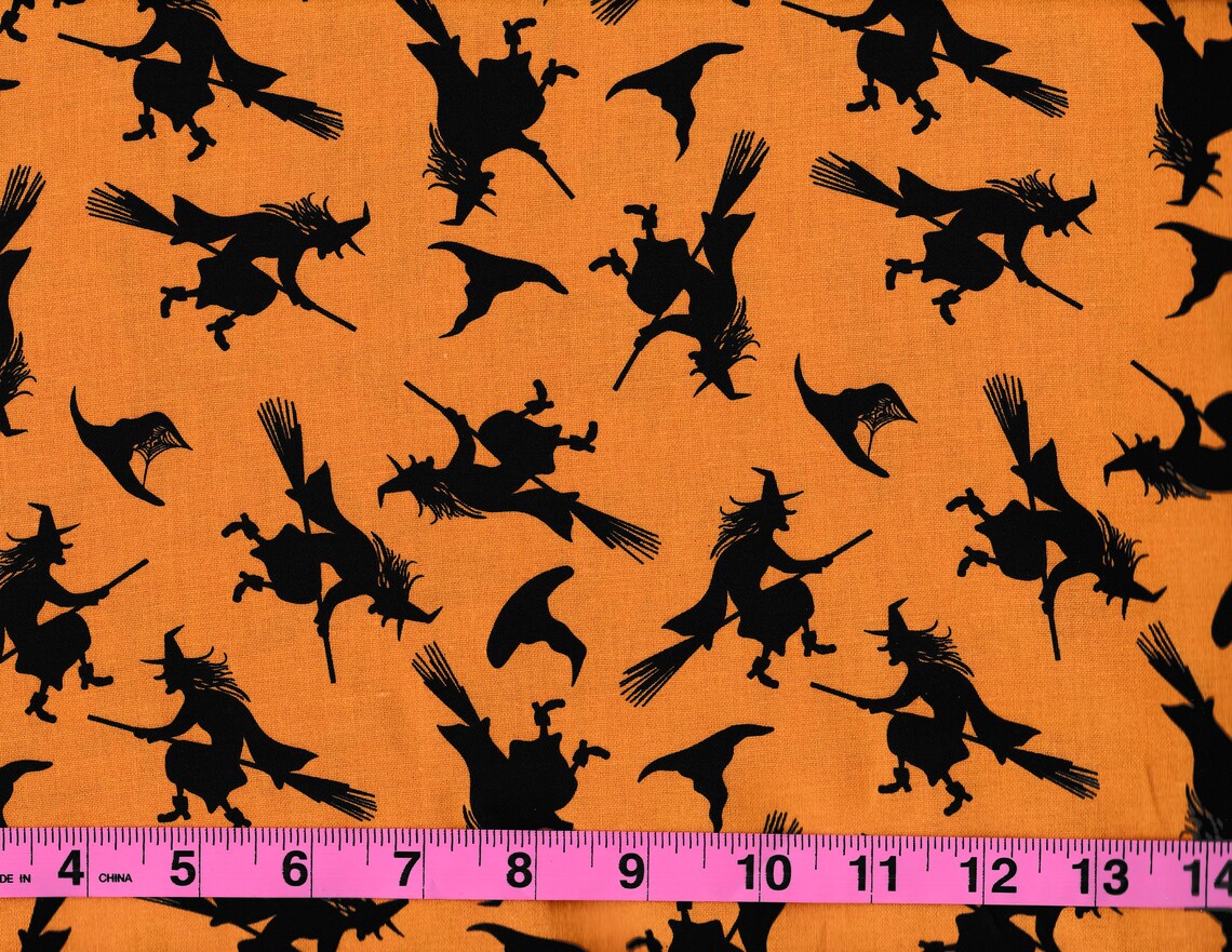 Halloween Flying Witches on Broomsticks on Orange 100% Cotton Fabric