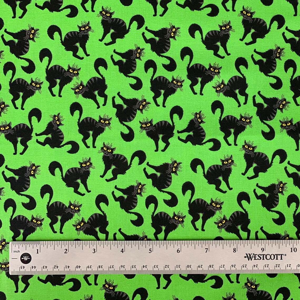 Halloween Creepy Black Cats on Green 100% Cotton Fabric