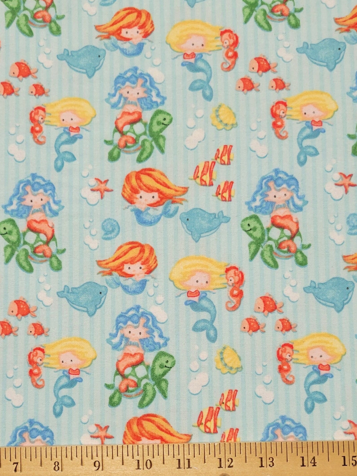 A.E. Nathan Comfy Flannel Mermaids on Striped Blue Baby Price per Yard