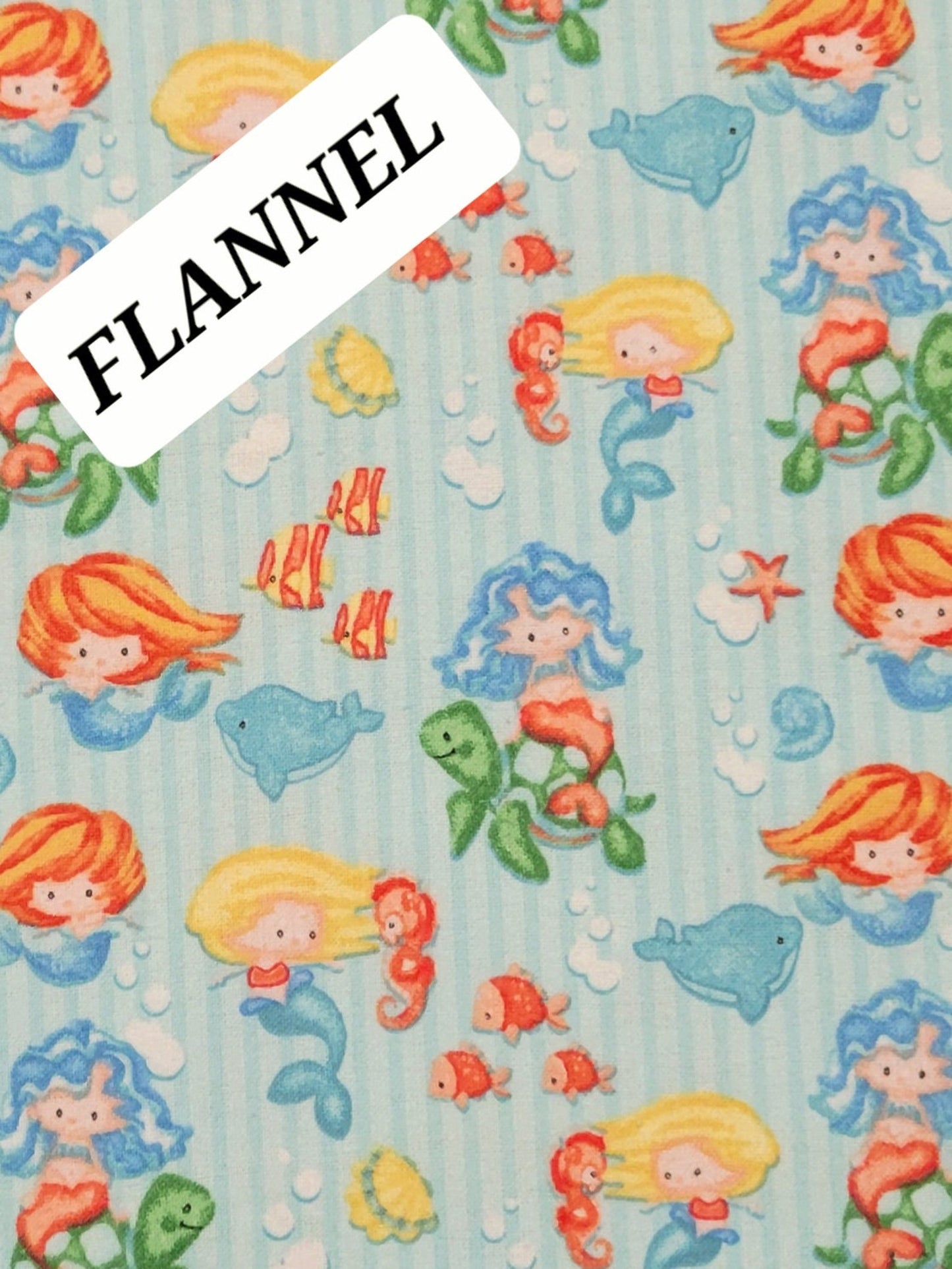 A.E. Nathan Comfy Flannel Mermaids on Striped Blue Baby Price per Yard